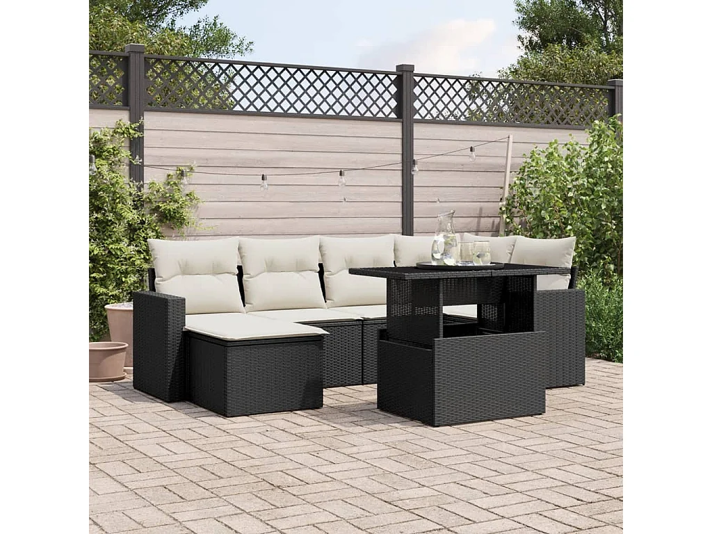 Salon de jardin 7 pcs avec coussins noir résine tressée