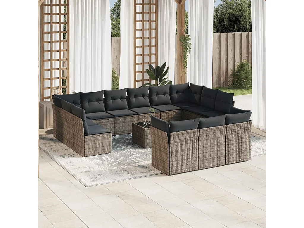 Salon de jardin avec coussins 14 pcs gris résine tressée