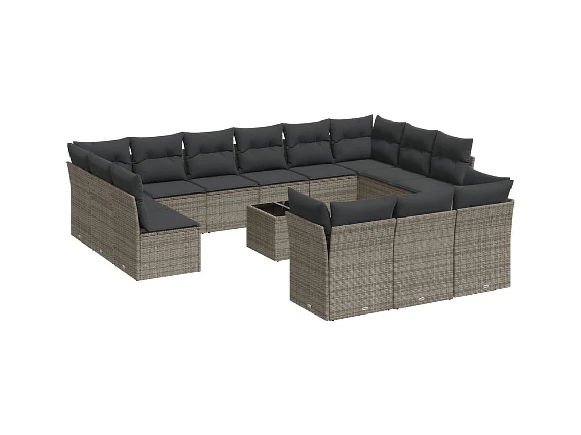 Salon de jardin avec coussins 14 pcs gris résine tressée