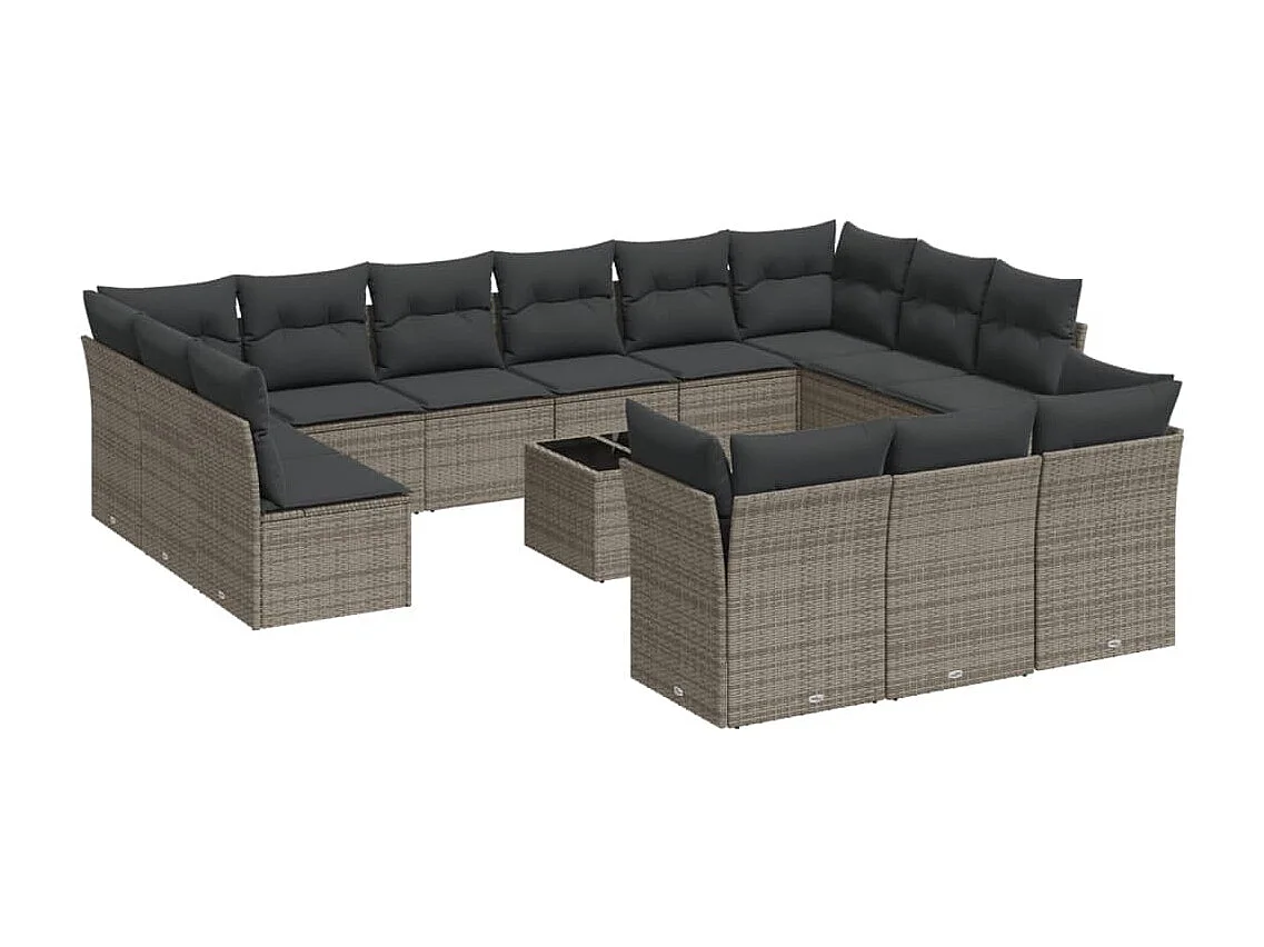 Salon de jardin avec coussins 14 pcs gris résine tressée