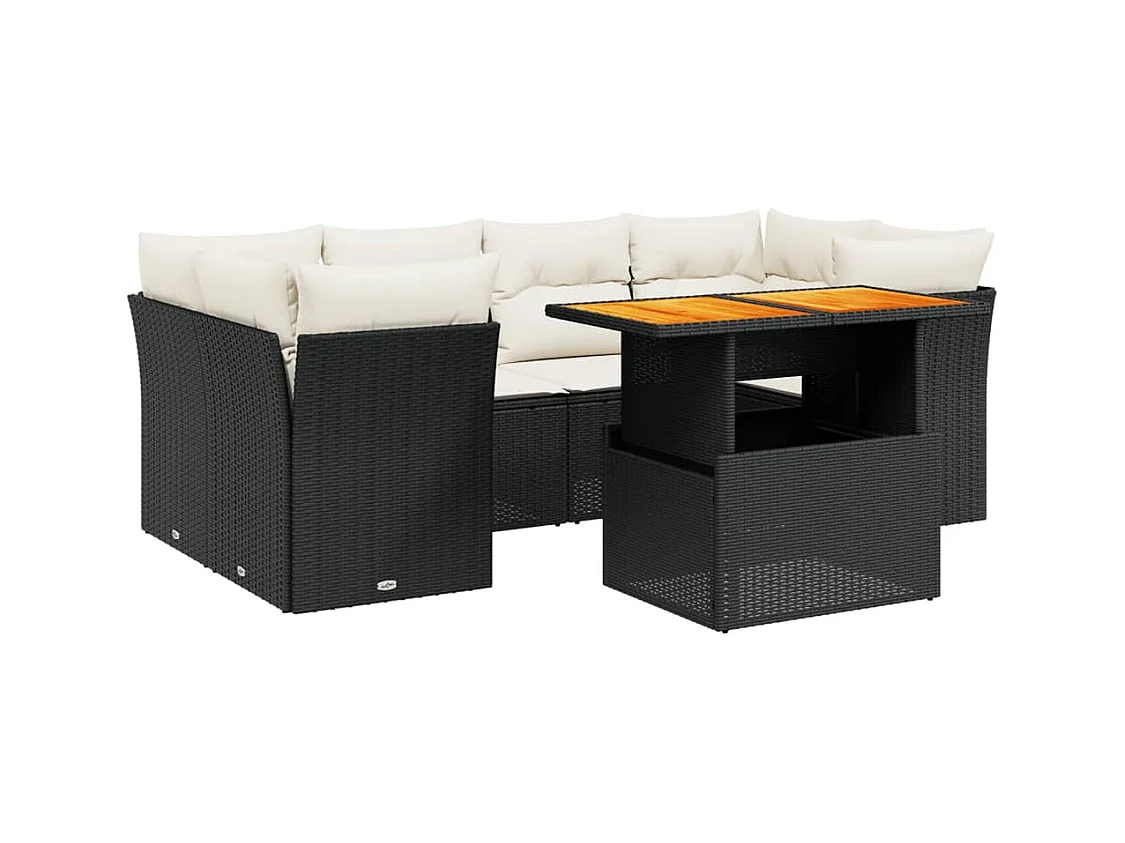 Salon de jardin 7 pcs avec coussins noir résine tressée