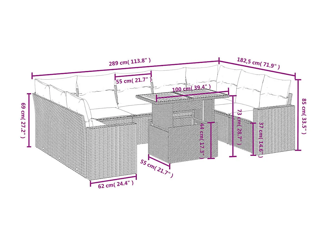 Salon de jardin 10 pcs avec coussins noir résine tressée