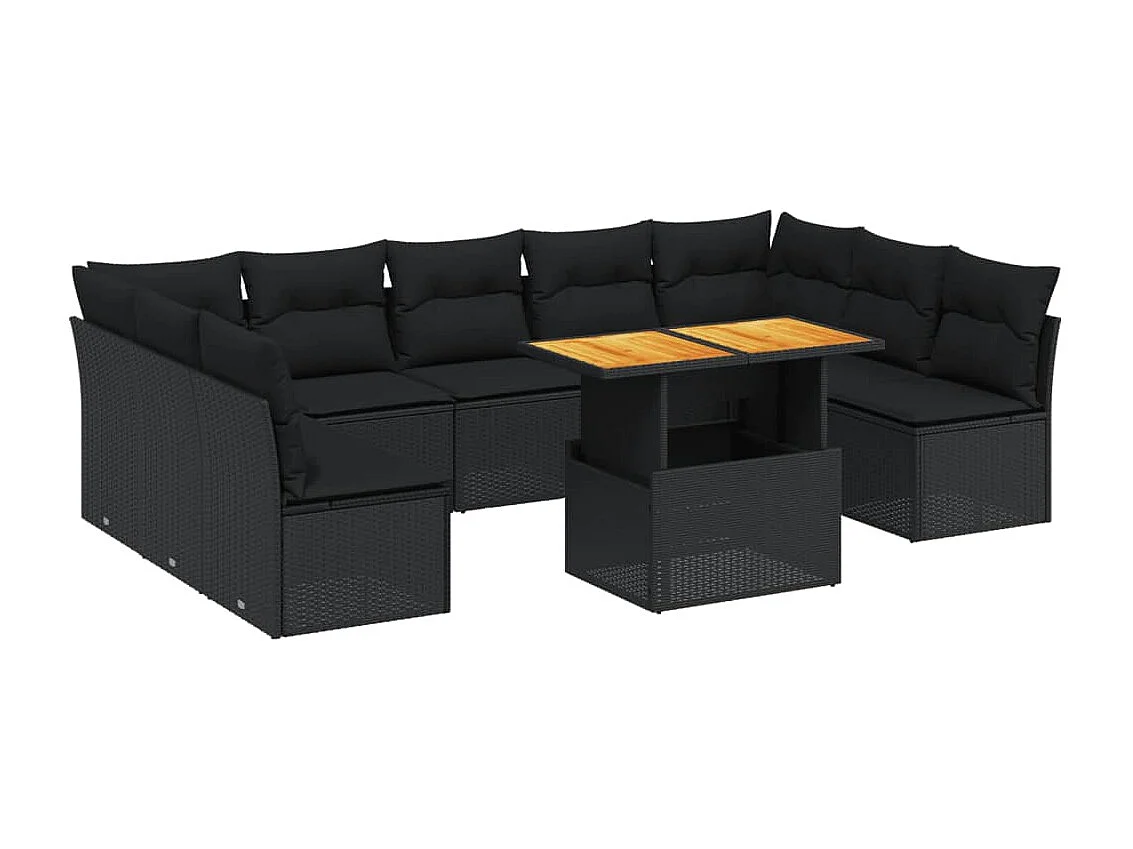 Salon de jardin 10 pcs avec coussins noir résine tressée