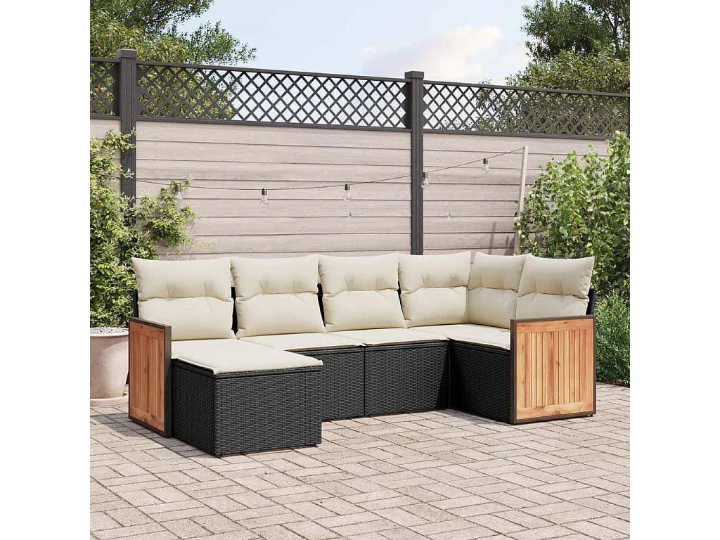 Salon de jardin 6 pcs avec coussins noir résine tressée