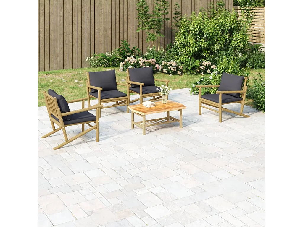 Salon de jardin 5 pcs avec coussins gris foncé bambou