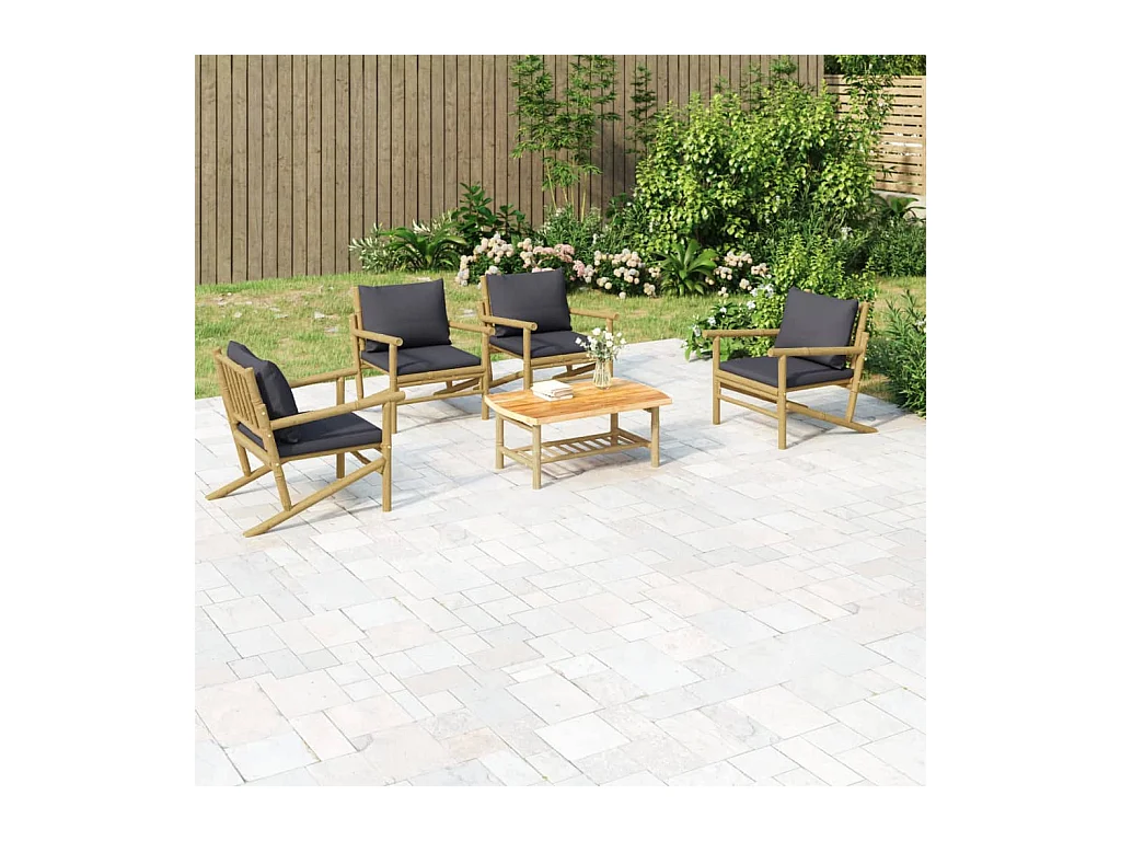 Salon de jardin 5 pcs avec coussins gris foncé bambou