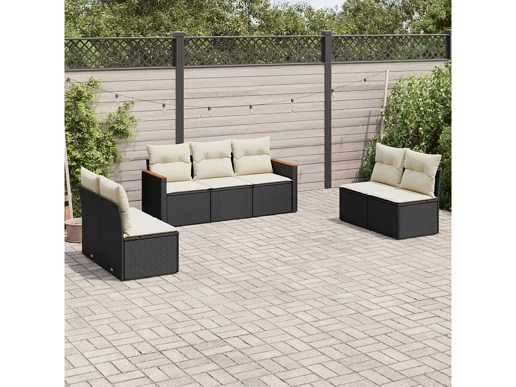 Salon de jardin 7 pcs avec coussins noir résine tressée