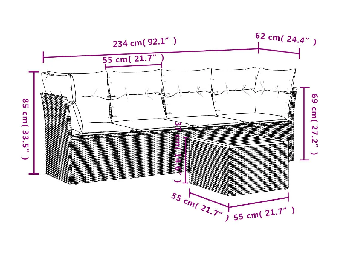 Salon de jardin avec coussins 5 pcs beige résine tressée