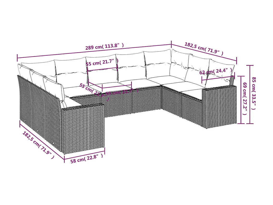 Salon de jardin avec coussins 9 pcs marron résine tressée