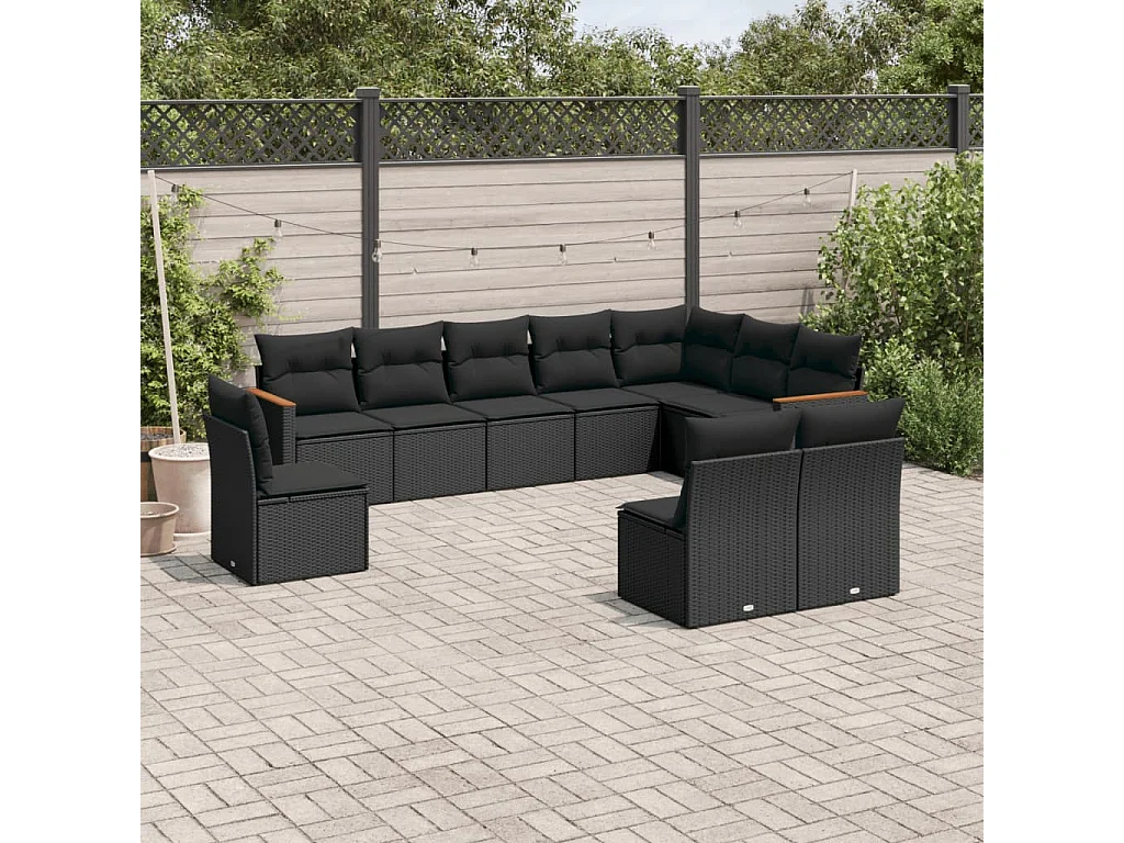 Salon de jardin 10 pcs avec coussins noir résine tressée