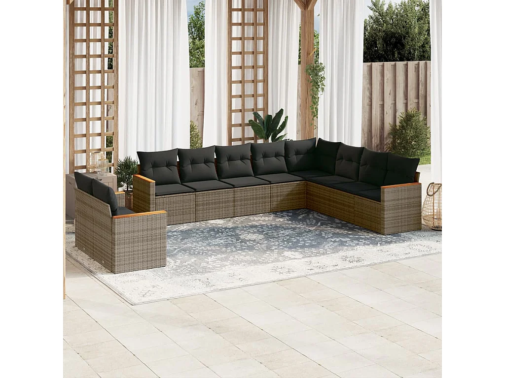 Salon de jardin avec coussins 10 pcs gris résine tressée