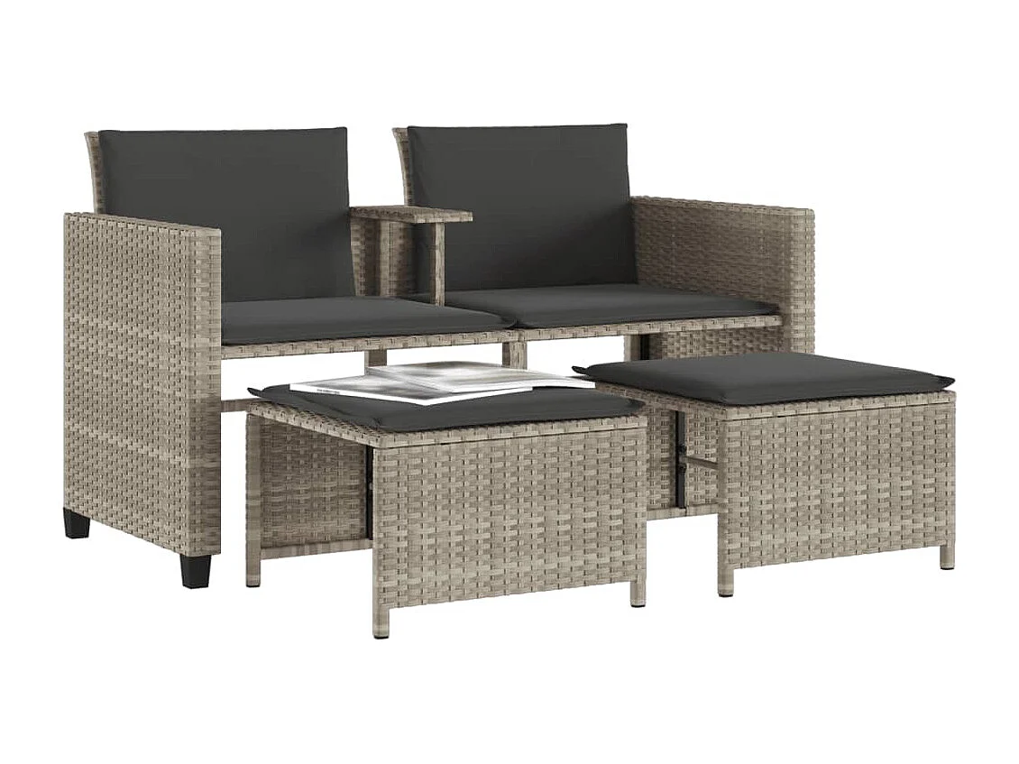 Canapé de jardin 2 places avec table tabourets gris clair rotin