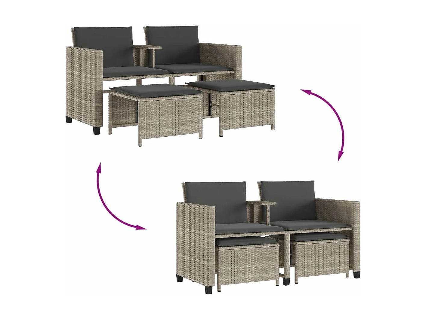 Canapé de jardin 2 places avec table tabourets gris clair rotin