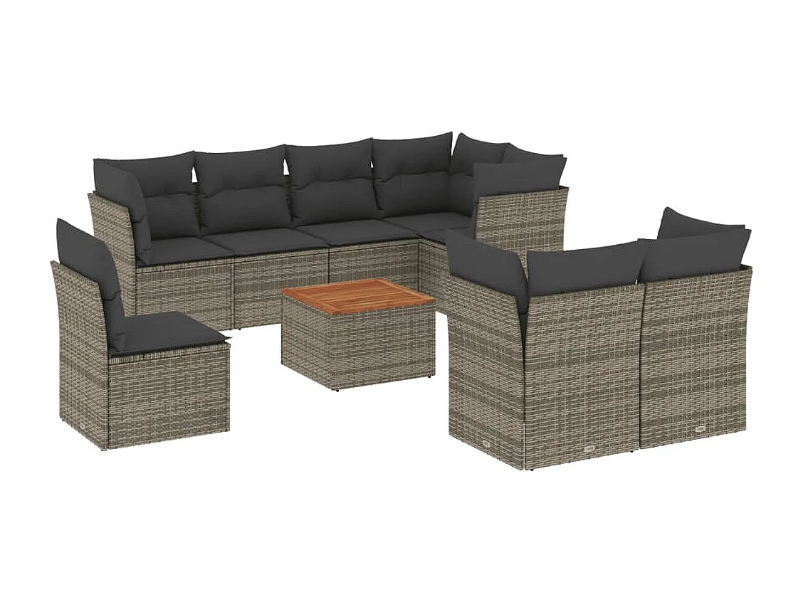 Salon de jardin 9 pcs avec coussins gris résine tressée