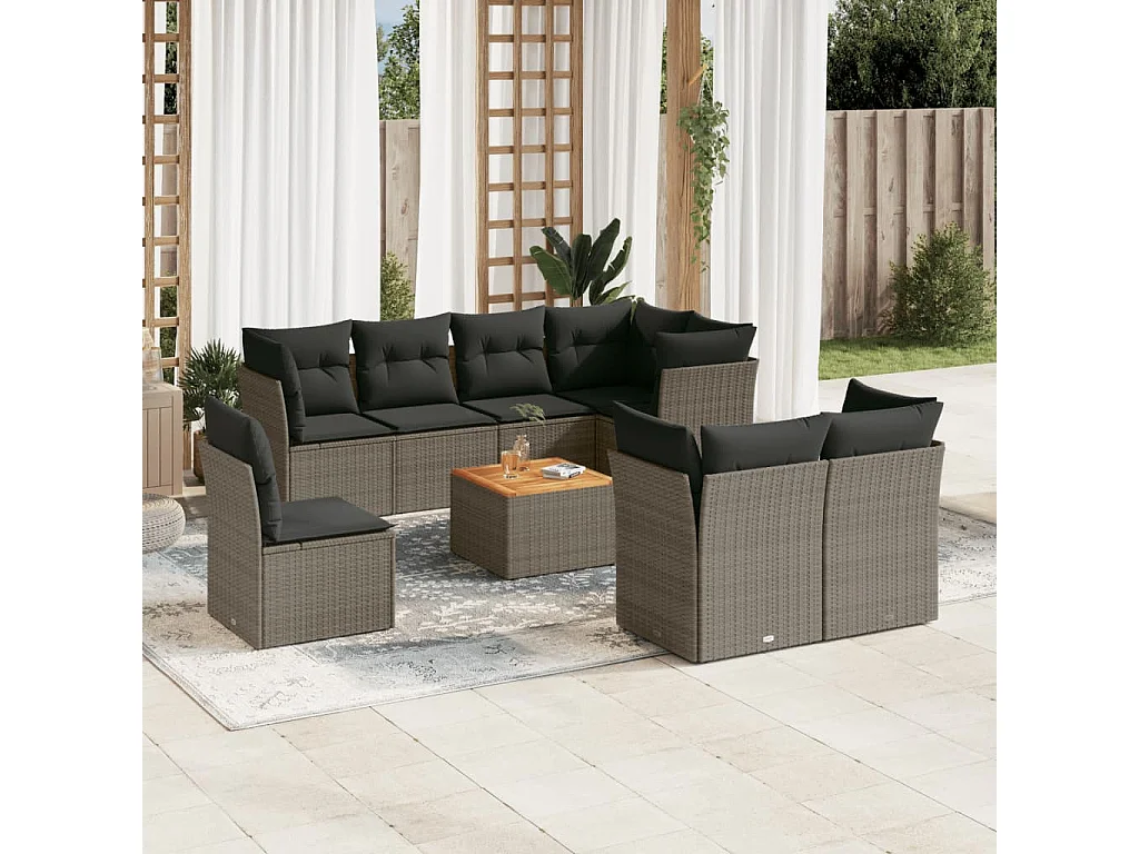 Salon de jardin 9 pcs avec coussins gris résine tressée