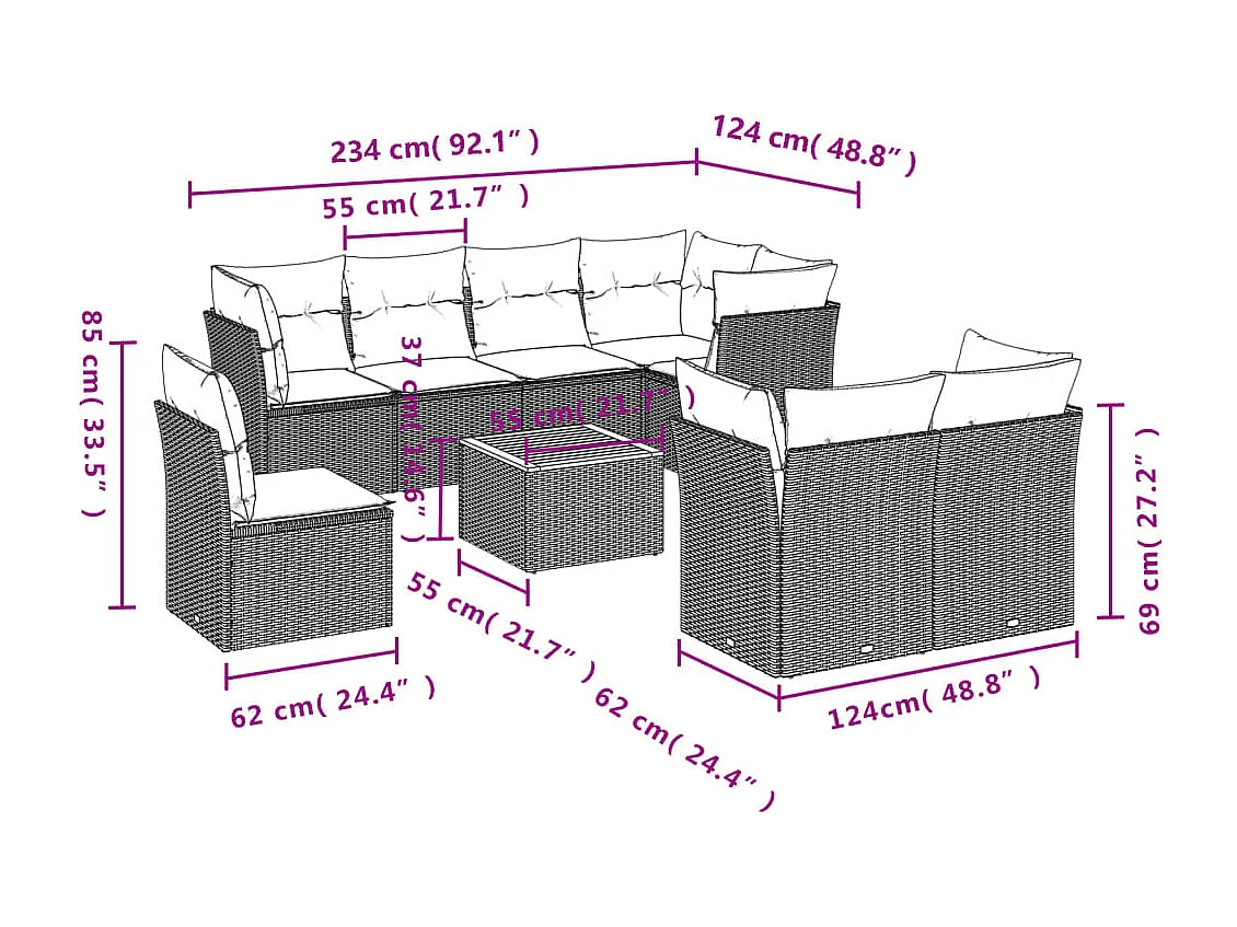 Salon de jardin 9 pcs avec coussins gris résine tressée