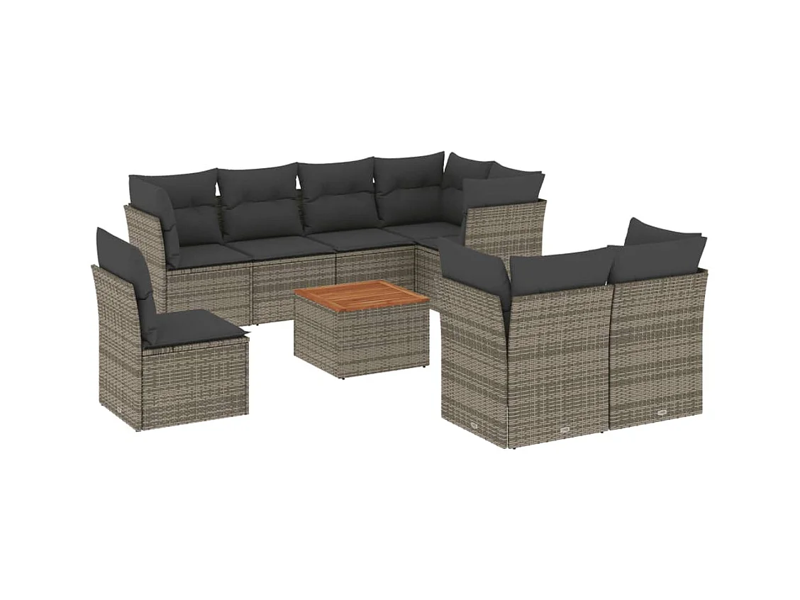 Salon de jardin 9 pcs avec coussins gris résine tressée