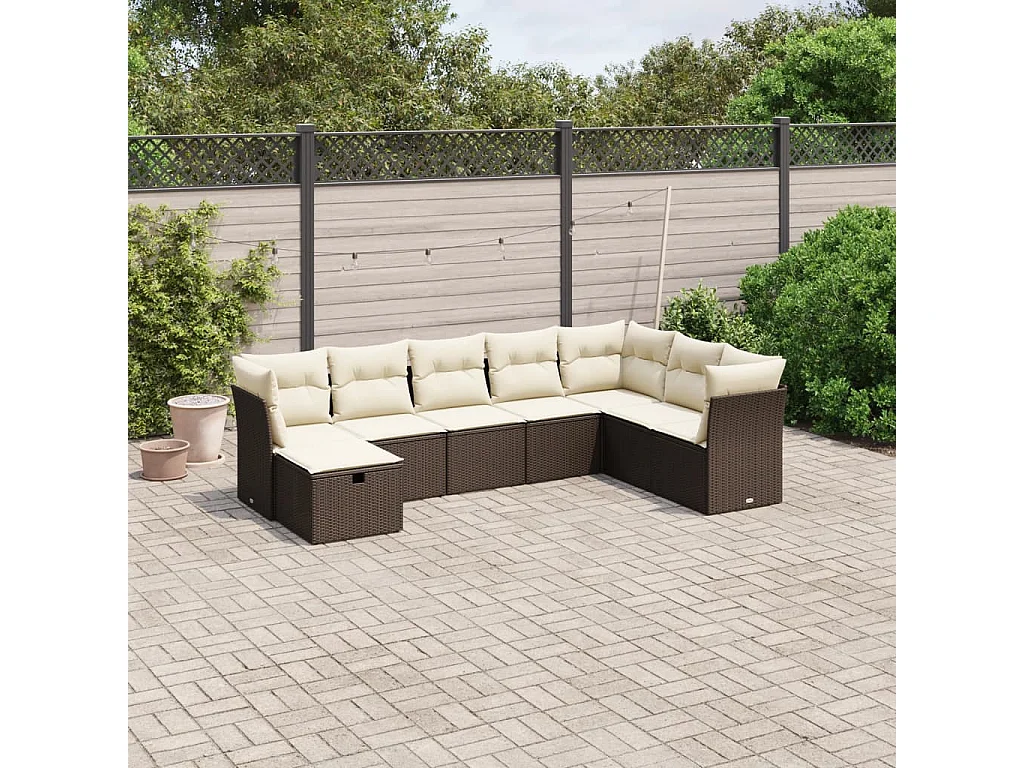 Salon de jardin 8 pcs avec coussins marron résine tressée