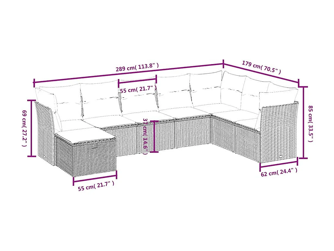 Salon de jardin 8 pcs avec coussins marron résine tressée