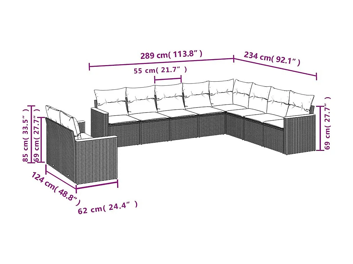 Salon de jardin 10 pcs avec coussins noir résine tressée