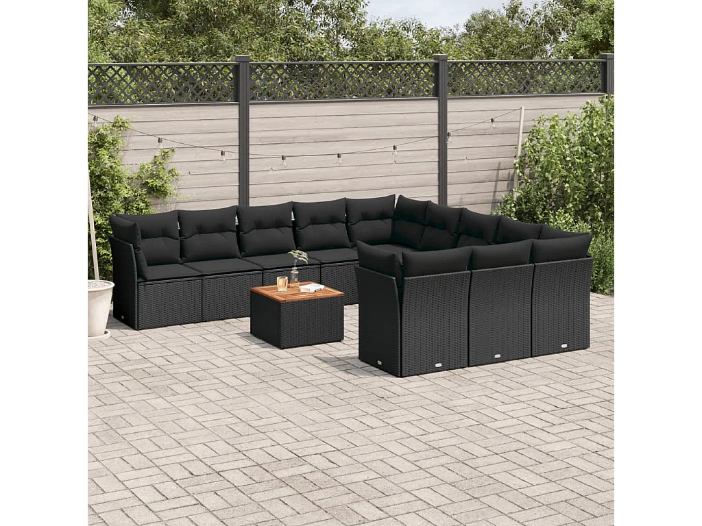 Salon de jardin 12 pcs avec coussins noir résine tressée