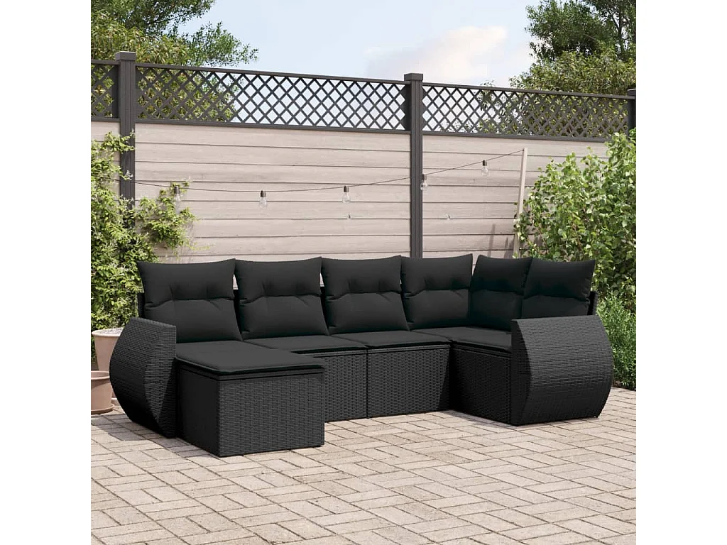 Salon de jardin 6 pcs avec coussins noir résine tressée