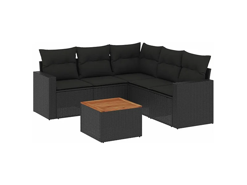 Salon de jardin 6 pcs avec coussins noir résine tressée
