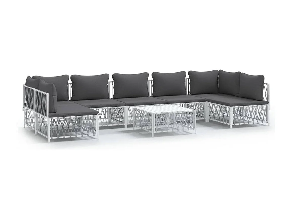 Salon de jardin 8 pcs avec coussins blanc acier