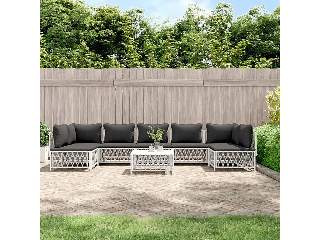 Salon de jardin 8 pcs avec coussins blanc acier
