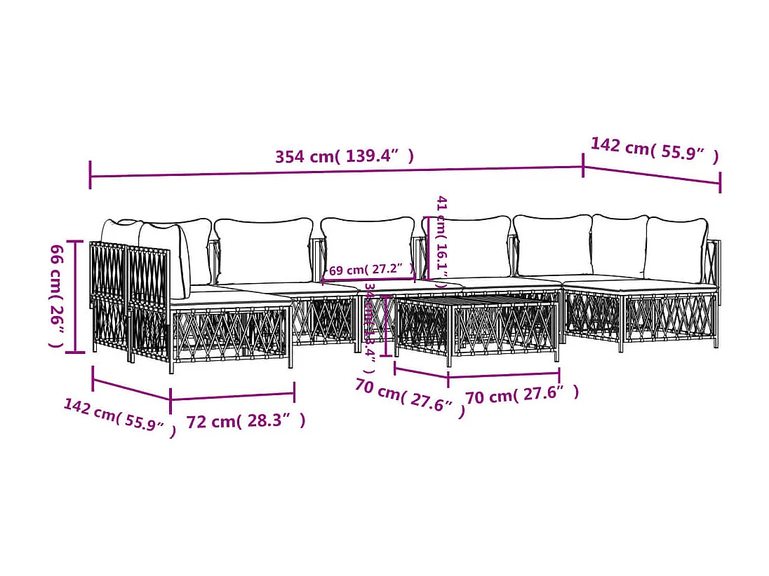 Salon de jardin 8 pcs avec coussins blanc acier