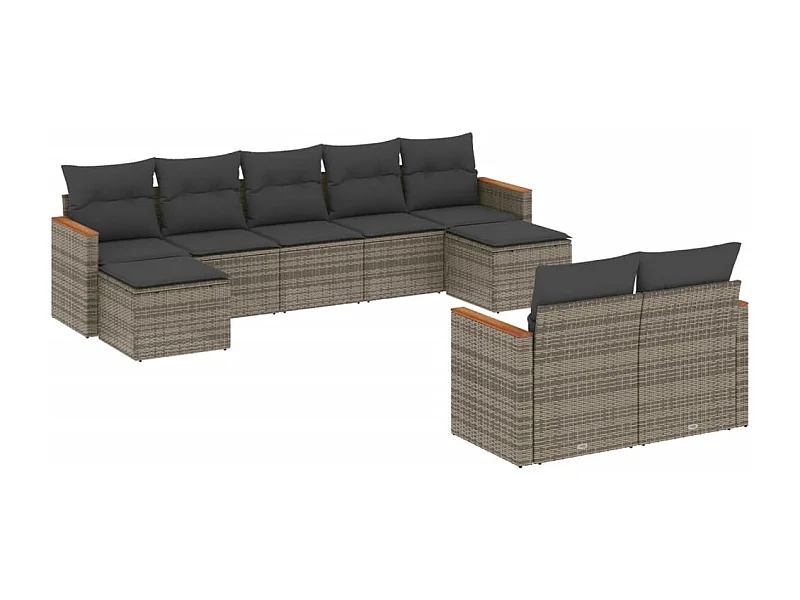 Salon de jardin 9 pcs avec coussins gris résine tressée