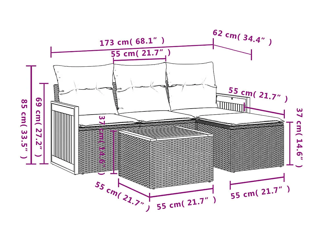 Salon de jardin avec coussins 5 pcs beige résine tressée