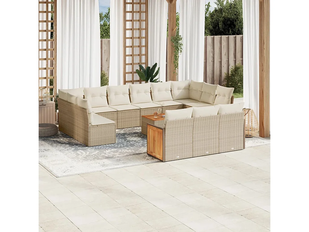 Salon de jardin avec coussins 14 pcs beige résine tressée