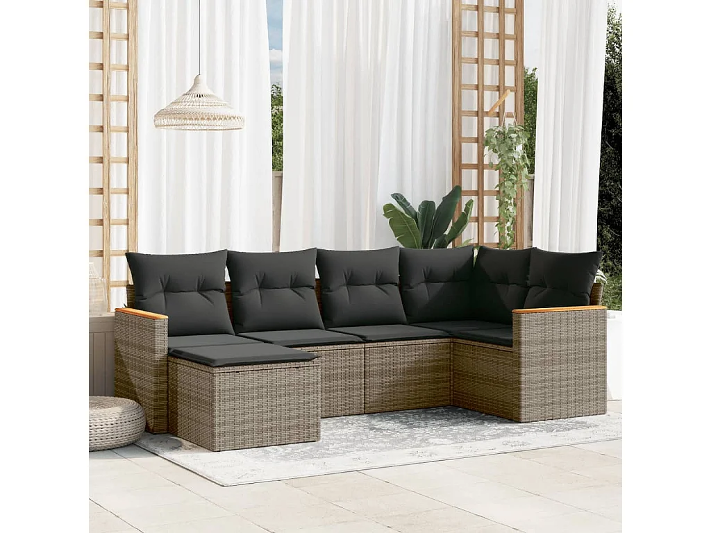 Salon de jardin 6 pcs avec coussins gris résine tressée