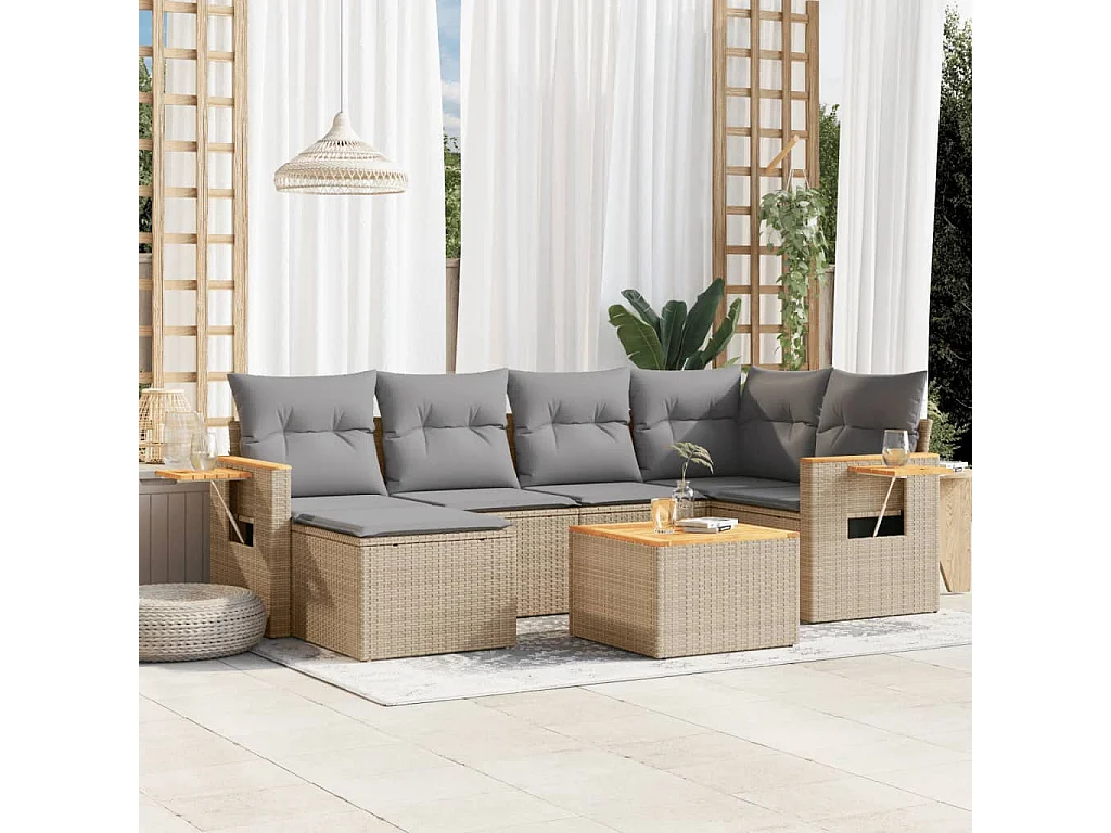 Salon de jardin avec coussins 7 pcs beige résine tressée