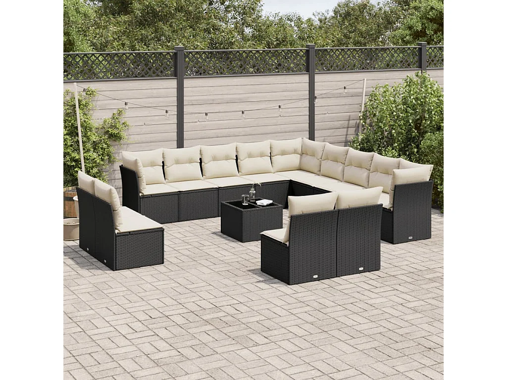 Salon de jardin avec coussins 14 pcs noir résine tressée