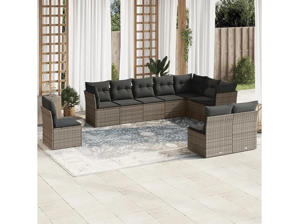 Salon de jardin avec coussins 10 pcs gris résine tressée