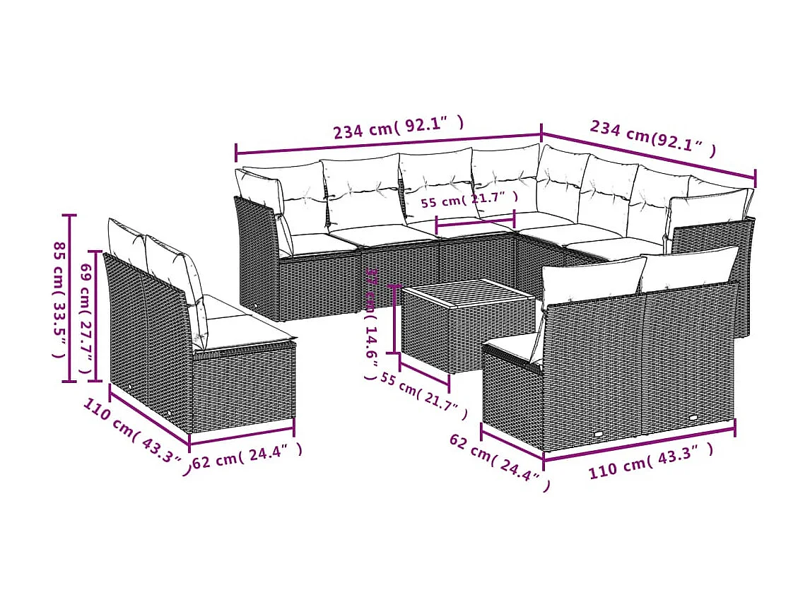 Salon de jardin et coussins 12 pcs mélange beige résine tressée