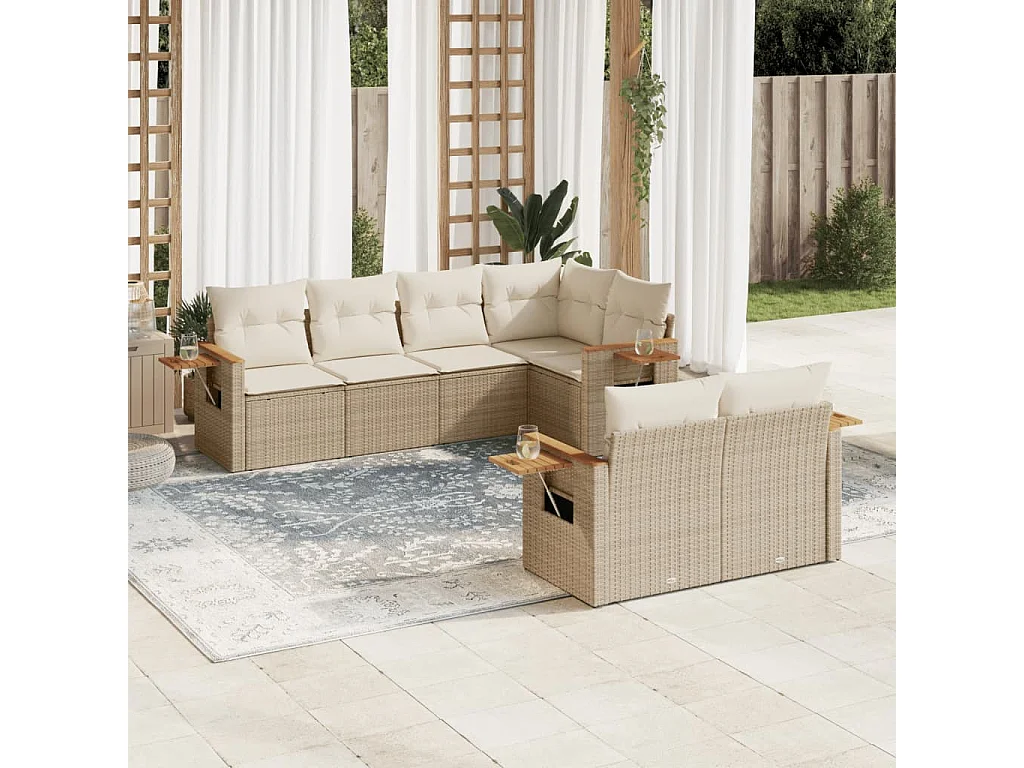Salon de jardin avec coussins 7 pcs beige résine tressée