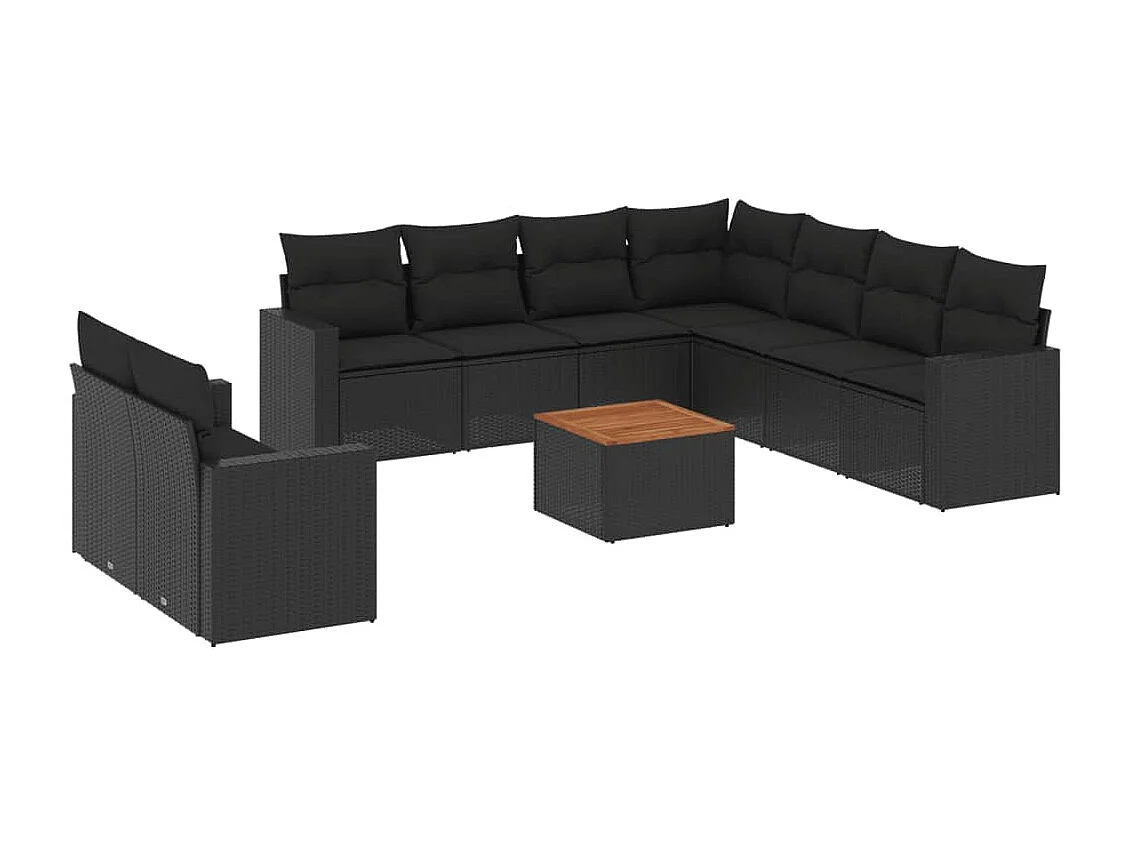 Salon de jardin 10 pcs avec coussins noir résine tressée