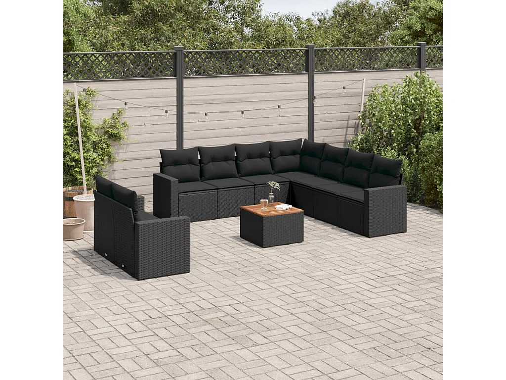 Salon de jardin 10 pcs avec coussins noir résine tressée