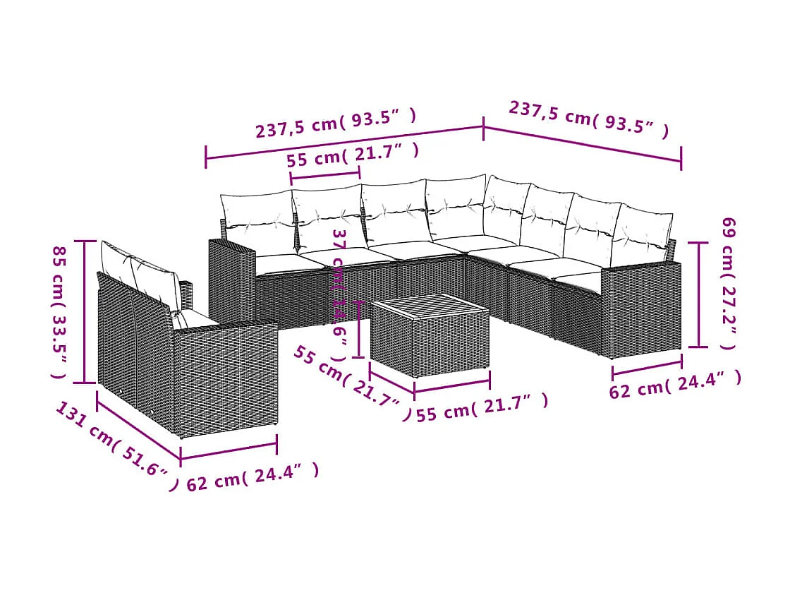 Salon de jardin 10 pcs avec coussins noir résine tressée