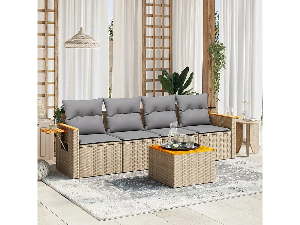 Salon de jardin avec coussins 5 pcs beige résine tressée