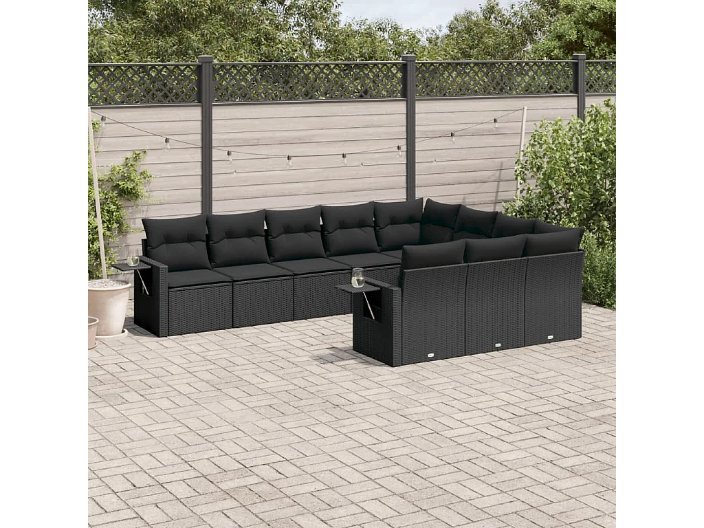 Salon de jardin 10 pcs avec coussins noir résine tressée
