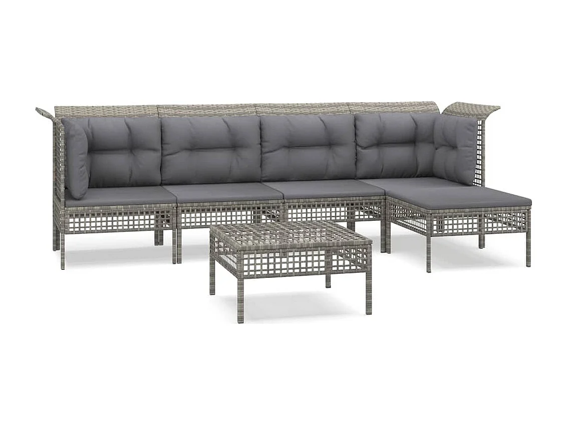 Salon de jardin 6 pcs avec coussins Gris Résine tressée