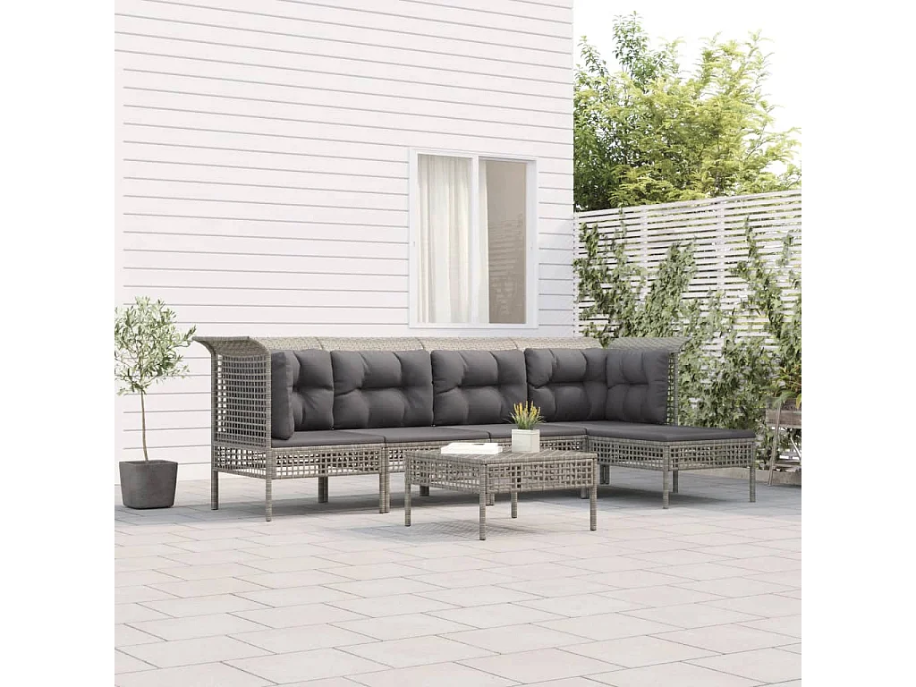 Salon de jardin 6 pcs avec coussins Gris Résine tressée