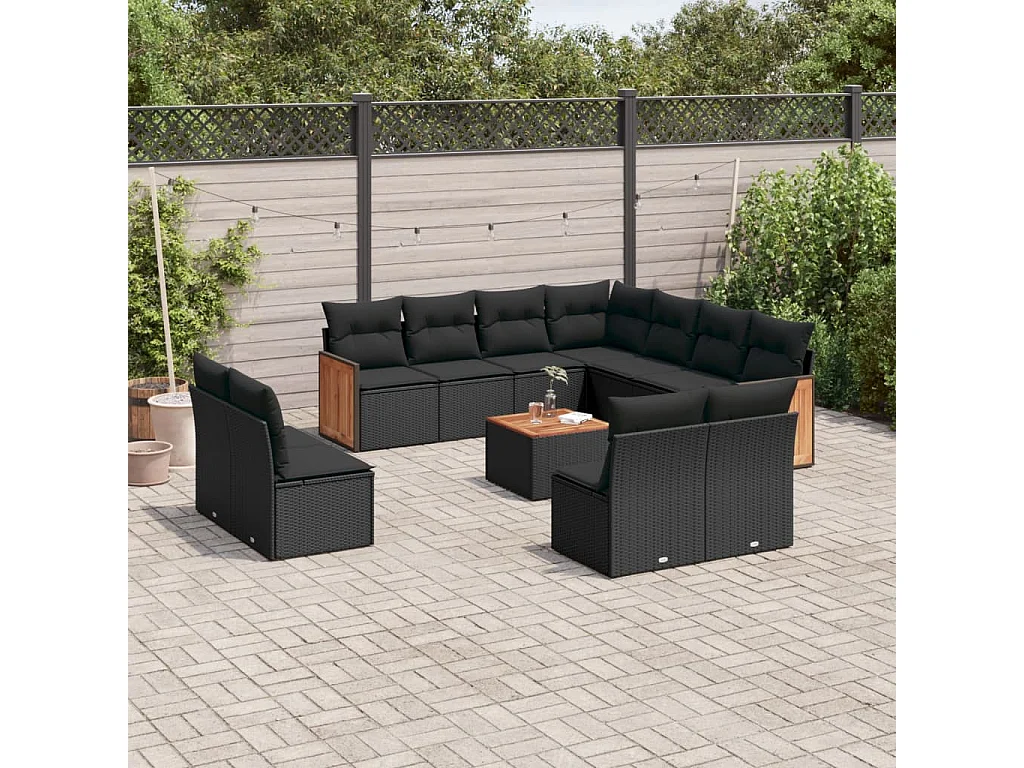Salon de jardin 12 pcs avec coussins noir résine tressée