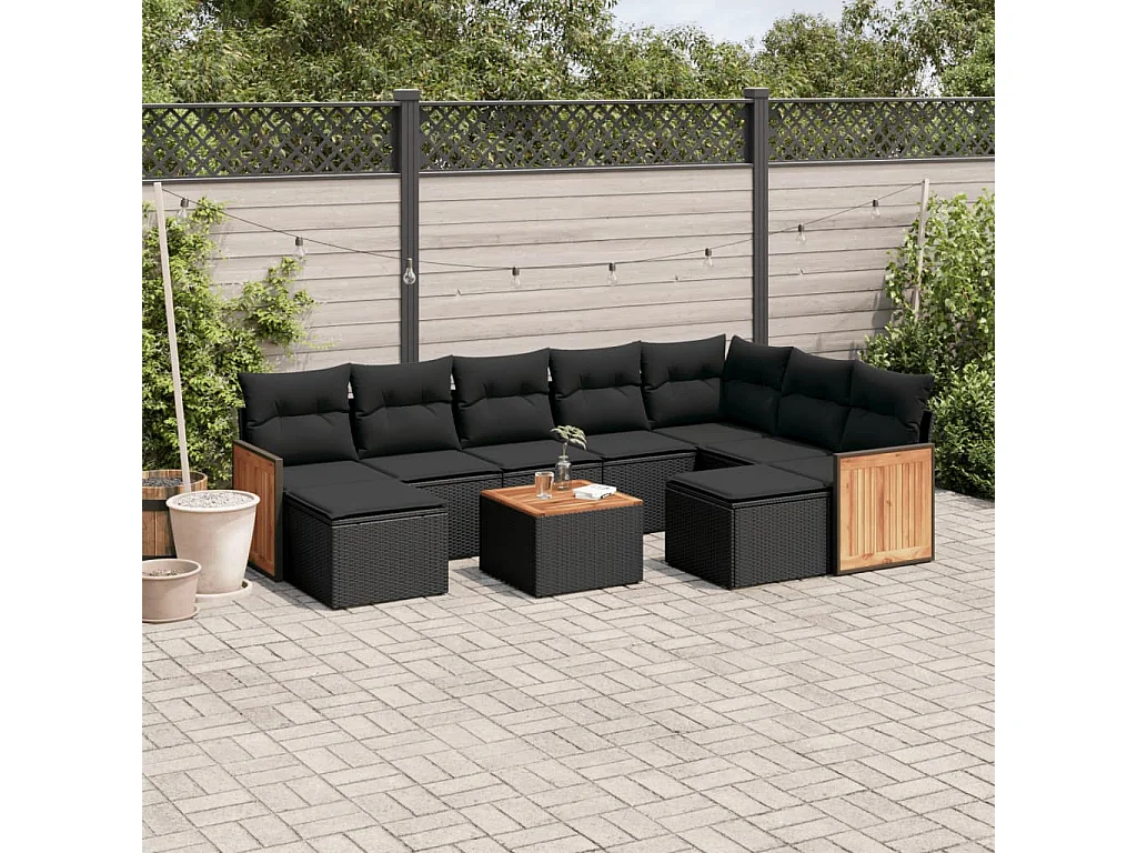 Salon de jardin 10 pcs avec coussins noir résine tressée