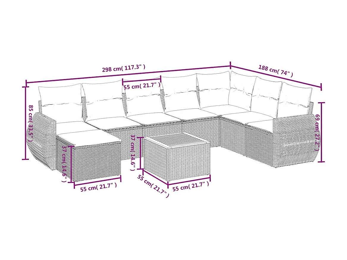 Salon de jardin avec coussins 9 pcs beige résine tressée