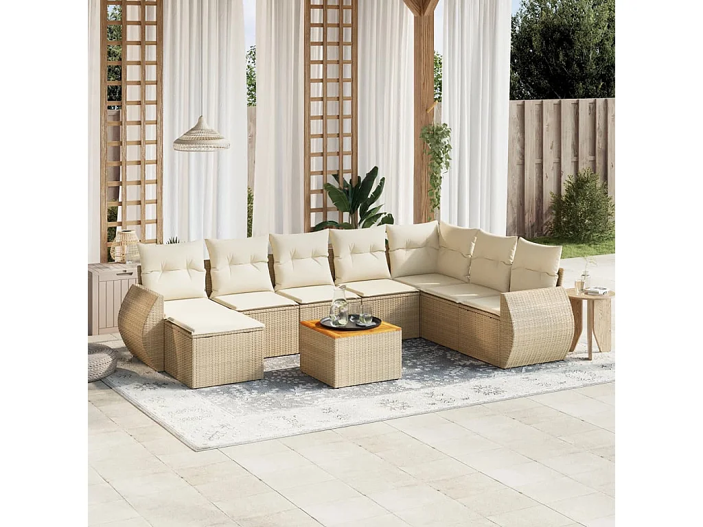 Salon de jardin avec coussins 9 pcs beige résine tressée